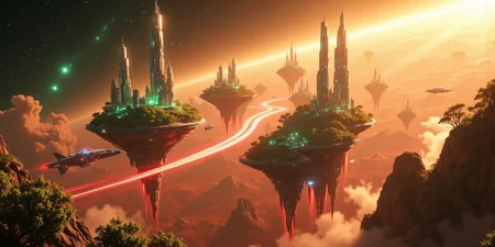 Suspended in the vast expanse of space, a mesmerizing chain of islands drifts serenely in orbit around the red planet, Mars. Each island hovers at a different altitude, their surfaces adorned with lush, emerald foliage that flourishes beneath the glimmering force fields enveloping them like protective shields. The shimmering barriers ripple like liquid light, refracting the harsh glow of distant stars and painting the sky with an ethereal iridescence.
Expansive land bridges connect these celestial wonders, their structures crafted from advanced alloys that gleam under the golden radiance of a nearby sun. Towering skyscrapers, sleek and futuristic, rise like monolithic sentinels from the dense greenery, their crystalline facades pulsing with streams of neon energy. Some seem to touch the heavens, their uppermost floors disappearing into the wisps of cosmic mist that swirl around them.
Above and below, sleek shuttles weave through the intricate pathways of this orbital oasis, descending gracefully toward the Martian surface in choreographed arcs of propulsion and light. Each craft leaves behind a faint, luminescent trail as it navigates through the shimmering force fields, vanishing into the crimson haze that blankets the planet below. The scene is a breathtaking fusion of sci-fi wonder and mystical grandeur, rendered in stunning 8K detail with the magic of Unreal Engine, Octane Render, and the unparalleled realism of ray tracing. It is a vision of a world where technology and fantasy entwine, suspended in the cosmos like an artistâs dream brought to life. <lora:Flux_Detailer_v3:0.8> Jeddtlv3 <lora:Test:0.8> n1t3_du5t
