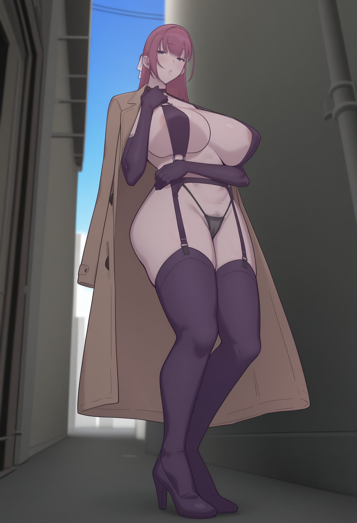<lora:Okushima Izumo_5ty1e:1> okushima izumo_5ty1e,1girl, oi_hiiragi_ayane, pink hair, underwear, sling bikini top, garter straps, elbow gloves, panties, pubic hair, high heels, alley, blue sky, coat, detailed background,