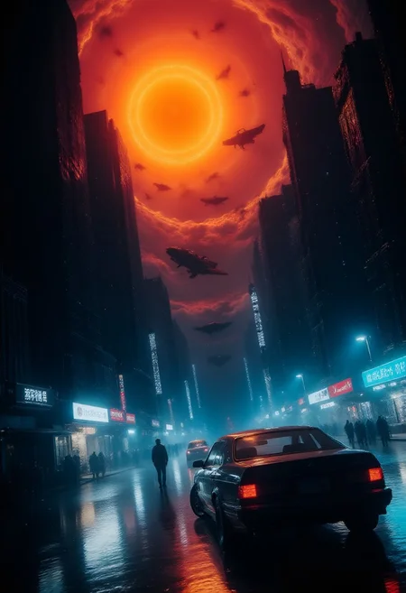 Floating Chaos, buildings, cars, people, nothing obeys gravity anymore. They hover, weightless, like forgotten memories. gantz-advancedsuit, osaka \(city\), doutonbori, midnight, neon sign, gantz advanced suit, orange sphere in background, highly detailed, high budget, cinemascope, moody, epic, gorgeous, film grain, grainy, Jagged rips in space-time, pulsating with the sickly glow of neon orange, electric blue, or radioactive green, synthetic mist, hiding secrets, silhouettes, and the occasional ghost of the old world. crst13