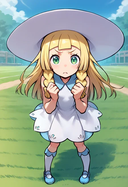 <lora:Lillie_PonyXL:0.9> 1lillie1, blonde hair, long hair, green eyes, 2default2, twin braids, white sunhat, white dress, sleeveless dress, kneehighs, blue footwear,  <lora:kuroboshi_kouhaku_PonyXL_style_v01:1> :<, hands up, clenched hands, hands on own chest, leaning forward, pov, outdoors,  solo,, score_9, score_8_up, score_7_up, source_anime,