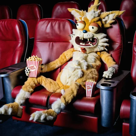 real photo of drunk ukj, life-sized, sitting in a movie theater, holding popcorn in lap, high detailed fur, realistic fur texture, soft lighting <lora:squanch_sdxl_ukj_E3:0.95>