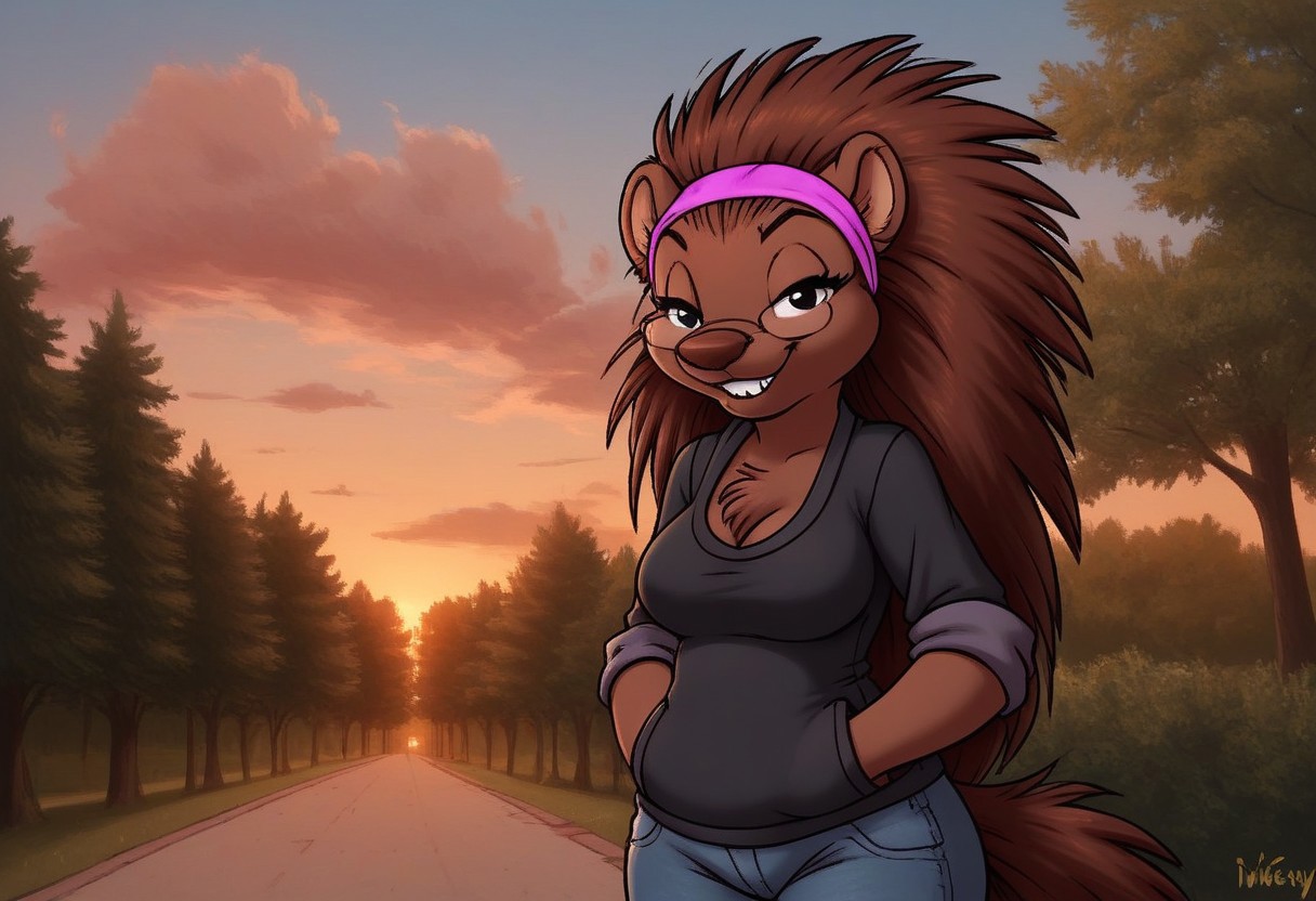 score_7, score_8, score_9, dynamic lighting, detailed background, background is park, benches, trees, walkway, clouds, sunny, glowing, close up, cowboy shot
BREAK 
Solo, 1 female, single female, anthro, furry female, female porcupine, short, brown fur, (spikey hair), (brown hair), long hair, animal nose, black eyes, feet claws, chest fur tuft, black eyes, medium breasts, glasses, tooth gap, slightly chubby
BREAK 
standing, looking at viewer, smiling, cleavage, black t shirt, jeans, purple headband, ((gap in front teeth)), hands in pockets, half closed eyes