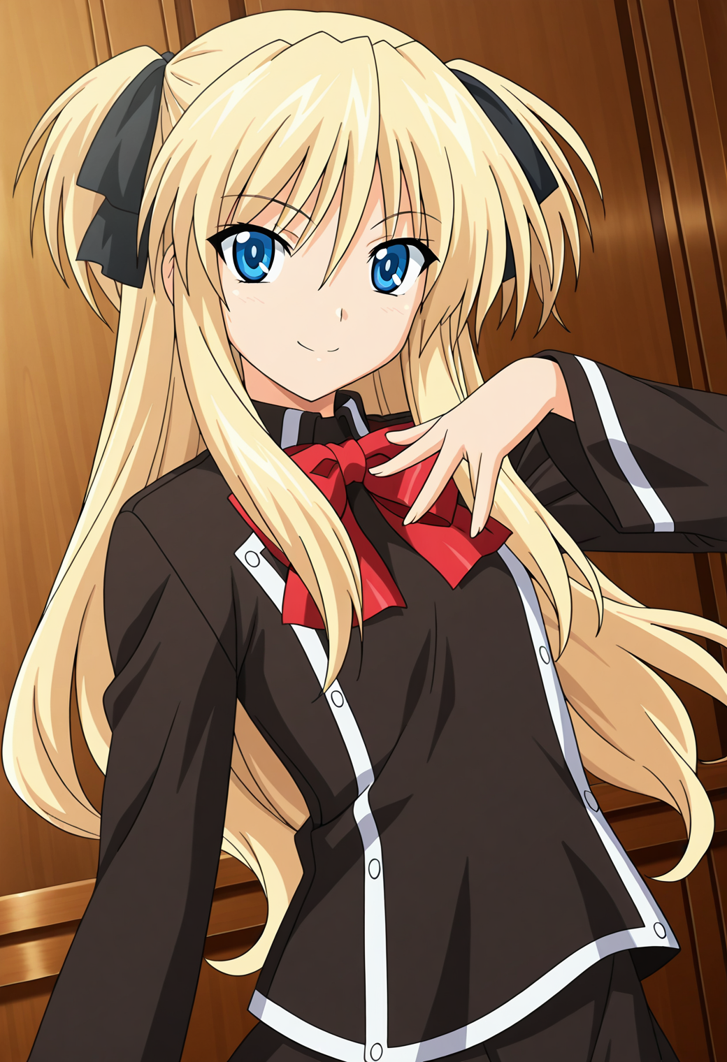 masterpiece, best quality, very aesthetic, absurdres, 1girl, solo, official style,
<lora:qma_shalon_v01:0.9>, qma_shalon, blonde hair, long hair, two side up, blue eyes,
black hair ribbon, black school uniform, red bow, bowtie, skirt, smile, posing, upper body