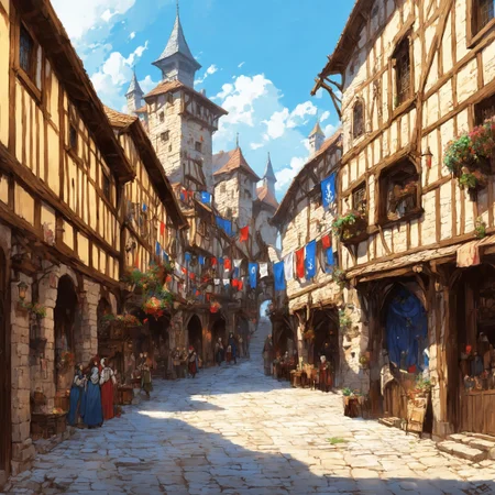 dnd best quality masterpiece atmospheric digital painting artwork 4k 8k highly detailed colorful wealthy (beautiful winding medieval city street:1.2) flags and banners hanging between buildings stone plaster shops taverns people market (bright morning light:1.1) sunny blue sky mat painting, key visual anime background screencap