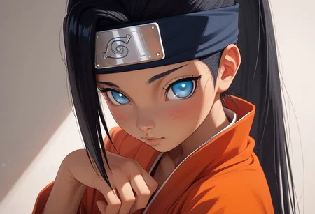 (realistic smooth and soft), looking at viewer, score_9, score_8_up, score_7_up, score_6_up, score_5_up, score_4_up, [shortstack], (height difference), cute, petite, (skinny), shortstack, 2D, anime style, 1 girl, black hair, fringe, solo, ice blue eyes, asian eyes, very small breasts, small natural breasts, small round ass, slim, nice lips, slightly tanned skin, pin-up pose, dynamic pose, ponytail, blush, very long hair ,((lin konoha village, sexy naruto uzumaki outfit, konoha ninja headband around the neck)), Details, realistic style photo, very small chest, exceptional style, tall, very cute, young. Use soft lighting to cast soft shadows on the subject, adding a touch of dimension to your images without compromising detail, score_9, score_8_up, score_7_up, blush, 2k revolution ncpy13 style, pastels drawing