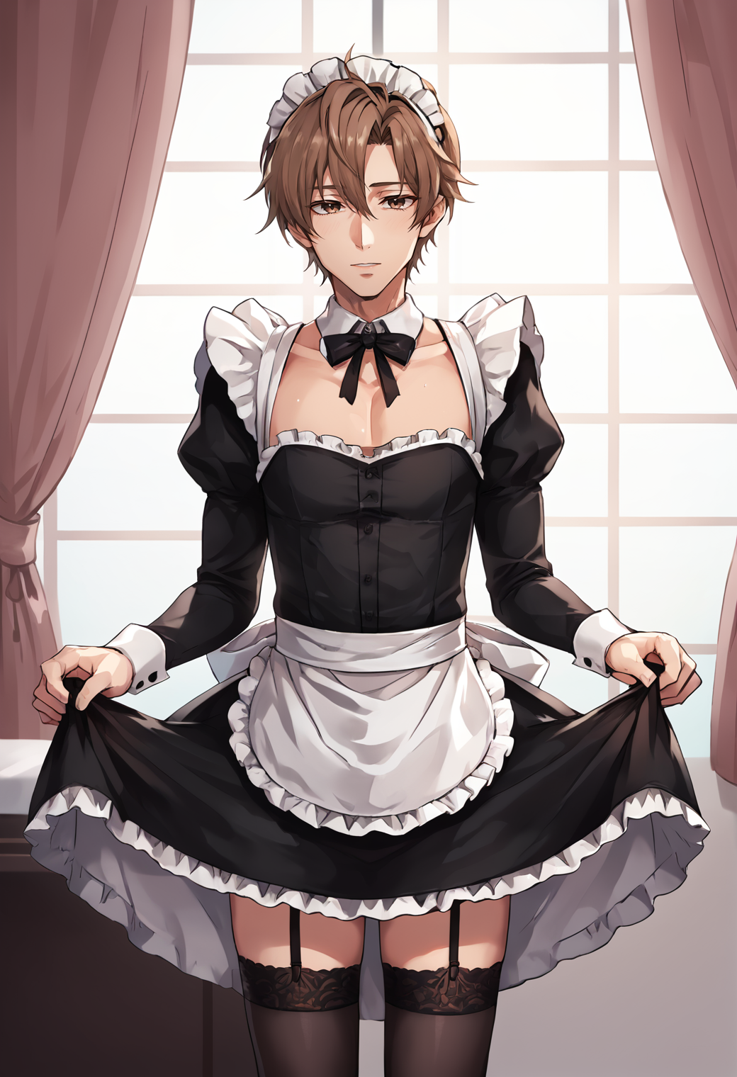 feminine, (mature:0.5), sexy,
score_8_up, style, 
1boy, maid, male focus, solo, brown hair, kotomine kirei, maid headdress, brown eyes, enmaided, crossdressing, apron, thighhighs, alternate costume, garter straps,
<lora:Realistic_Anime:0.6>