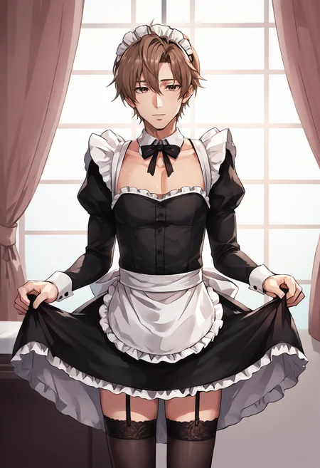 feminine, (mature:0.5), sexy,
score_8_up, style,
1boy, maid, male focus, solo, brown hair, kotomine kirei, maid headdress, brown eyes, enmaided, crossdressing, apron, thighhighs, alternate costume, garter straps,
<lora:Realistic_Anime:0.6>