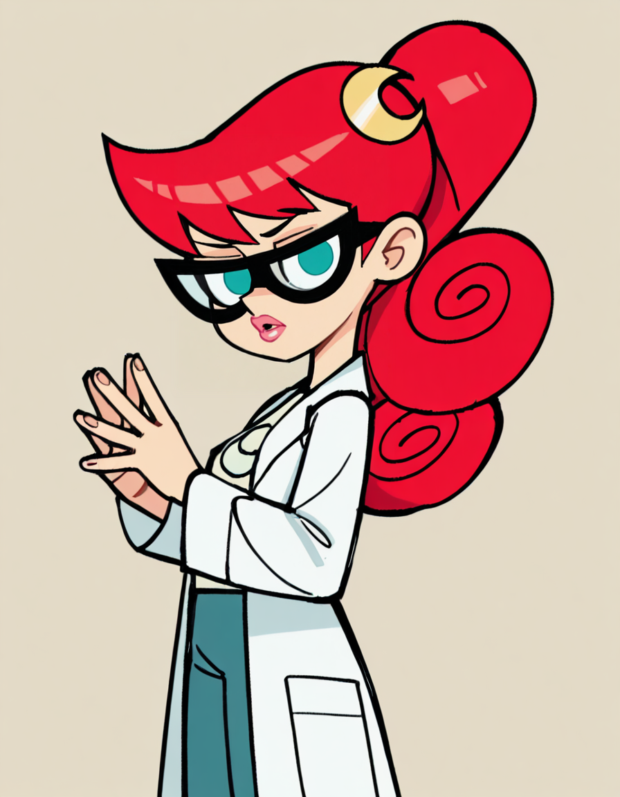 marytest, glasses, 1girl, red hair, ponytail, solo, long hair, hair ornament,crescent,  aqua eyes, labcoat, curly hair, lips, lipstick, t-shirt, looking at viewer, masterpiece, best quality, amazing quality, very aesthetic, absurdres <lora:MaryTestIllustrious1.0JLFO-000017:0.8> simple background,cowboy shot,wamudraws,
