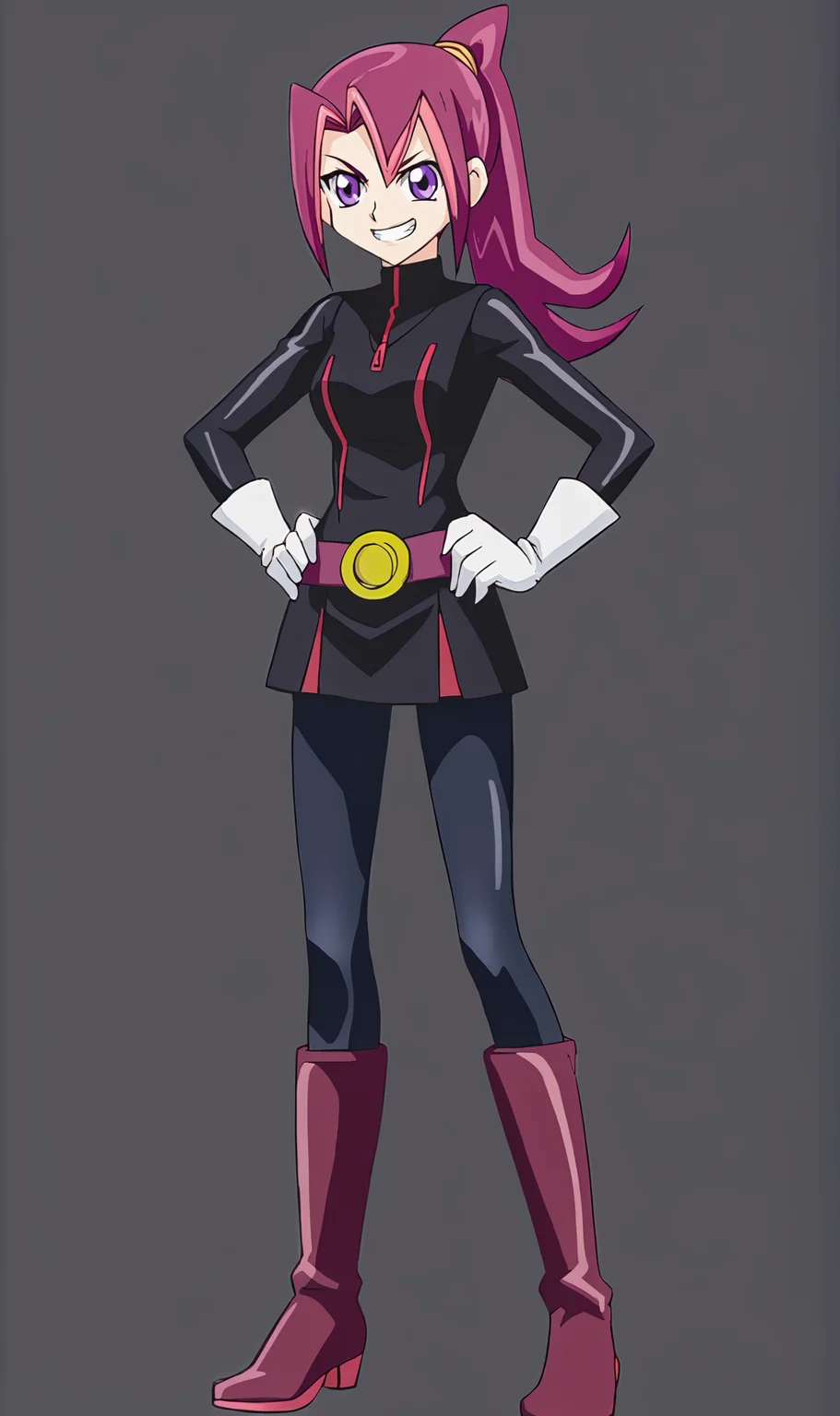 KT, 1girl, solo, pink hair, ponytail, purple eyes, hair tie, black bikesuit, white gloves, leather tights, pink knee boots, hands on hips, full body, standing, looking at viewer, grin, simple background, black background, <lora:Kari Tsukumo Pony XL:1>