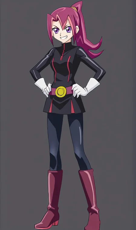 KT, 1girl, solo, pink hair, ponytail, purple eyes, hair tie, black bikesuit, white gloves, leather tights, pink knee boots, hands on hips, full body, standing, looking at viewer, grin, simple background, black background, <lora:Kari Tsukumo Pony XL:1>