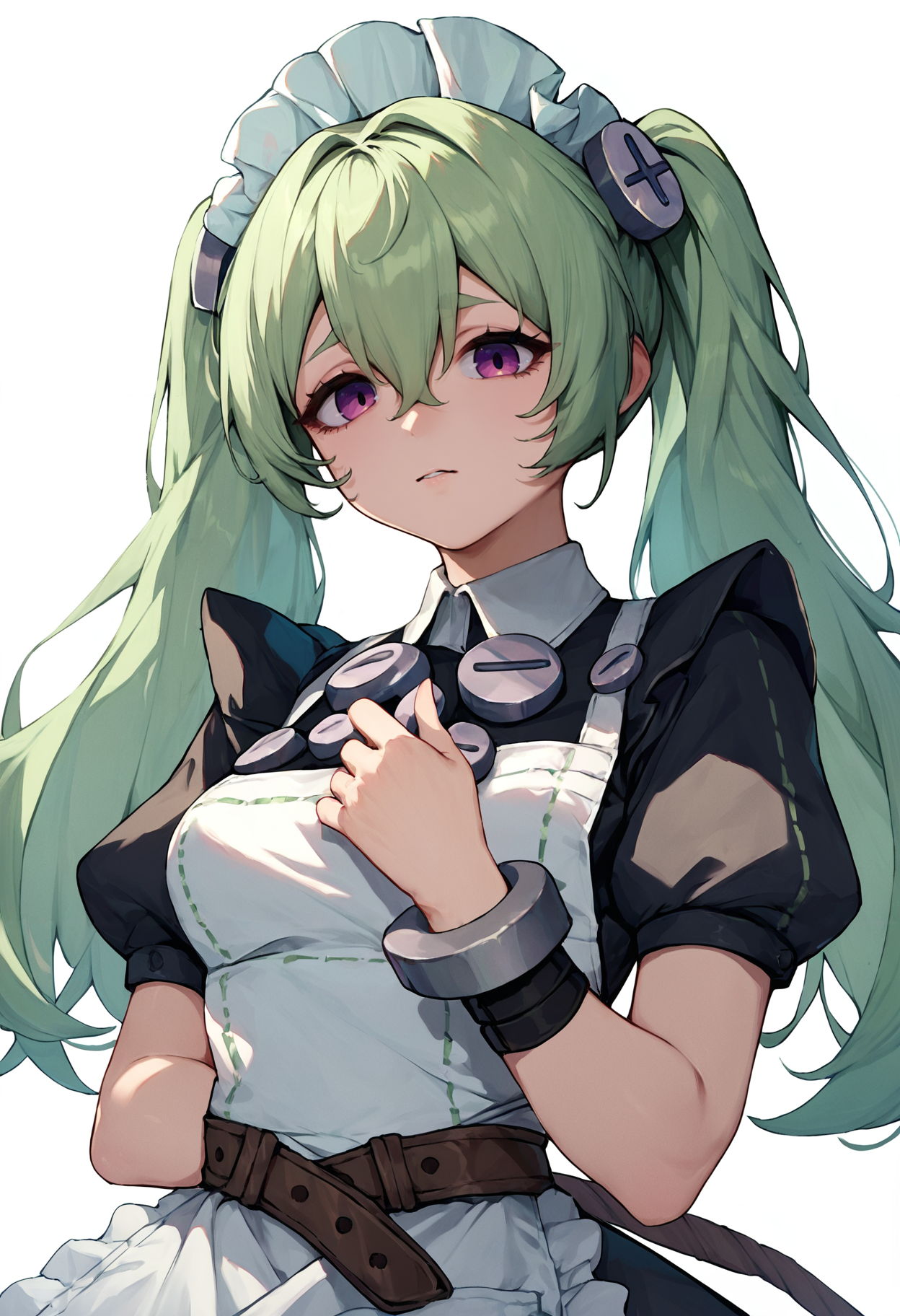 score_9,score_8_up,score_7_up,score_6_up  , <lora:corin_wickes_xl:0.8>  corin-wickes-zzz, 1girl, solo, twintails, maid headdress, long hair, looking at viewer, white background, upper body, simple background, short sleeves, maid, bangs, apron, hair between eyes