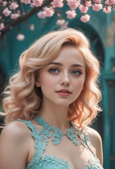 Romantic Rosette dress, full height, low angle shot, (Surreal), (illustration), (Resolution enhancement), (8k), (Very detailed), (Best illustration), (Beautiful and delicate eyes), (best quality), (Super detailed), (masterpiece ), ( wallpaper), (Detailed face),one blonde, curls,(High top fade in and out:1.3), (Smile brightly, bright look), dark theme, soothing tone, pastel colors, high contrast, (natural skin texture, Surreal N;NI, soft light, Impatient),exposure blending, medium shot, Bokeh, (human development report:1.4), high contrast, (Movie, teal and orange:0.85), (pastel colors, fade, soothing tone:1.3), high saturation, (Super detailed:1.2)