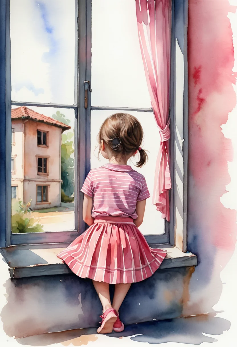 Watercolor painting of a little girl sitting on a window,back side view,striped shirt,pink skirt,