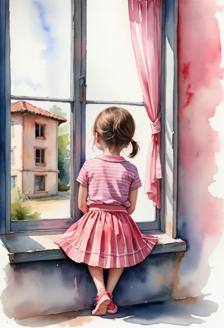 Watercolor painting of a little girl sitting on a window,back side view,striped shirt,pink skirt,