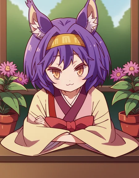 score_9, score_8_up, score_7_up, source_anime, <lora:izuna-hatsuse-s1-ponyxl-lora-nochekaiser:1>, izuna hatsuse, short hair, animal ears, purple hair, hairband, animal ear fluff, fox ears, slit pupils, yellow eyes,, bow, tail, japanese clothes, wide sleeves, kimono, fox tail, short kimono,, gardening, watering plants, backyard, flowers blooming, sunny day,, smile, looking at viewer, sitting, elbow rest, table,, solo,, cowboy shot, dutch angle
