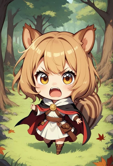 score_9, score_8_up, score_7_up, best quality, fine detail, cute, squirrel girl, chibi, roaring, angry, forest background, trees, leaves, grass, rocks