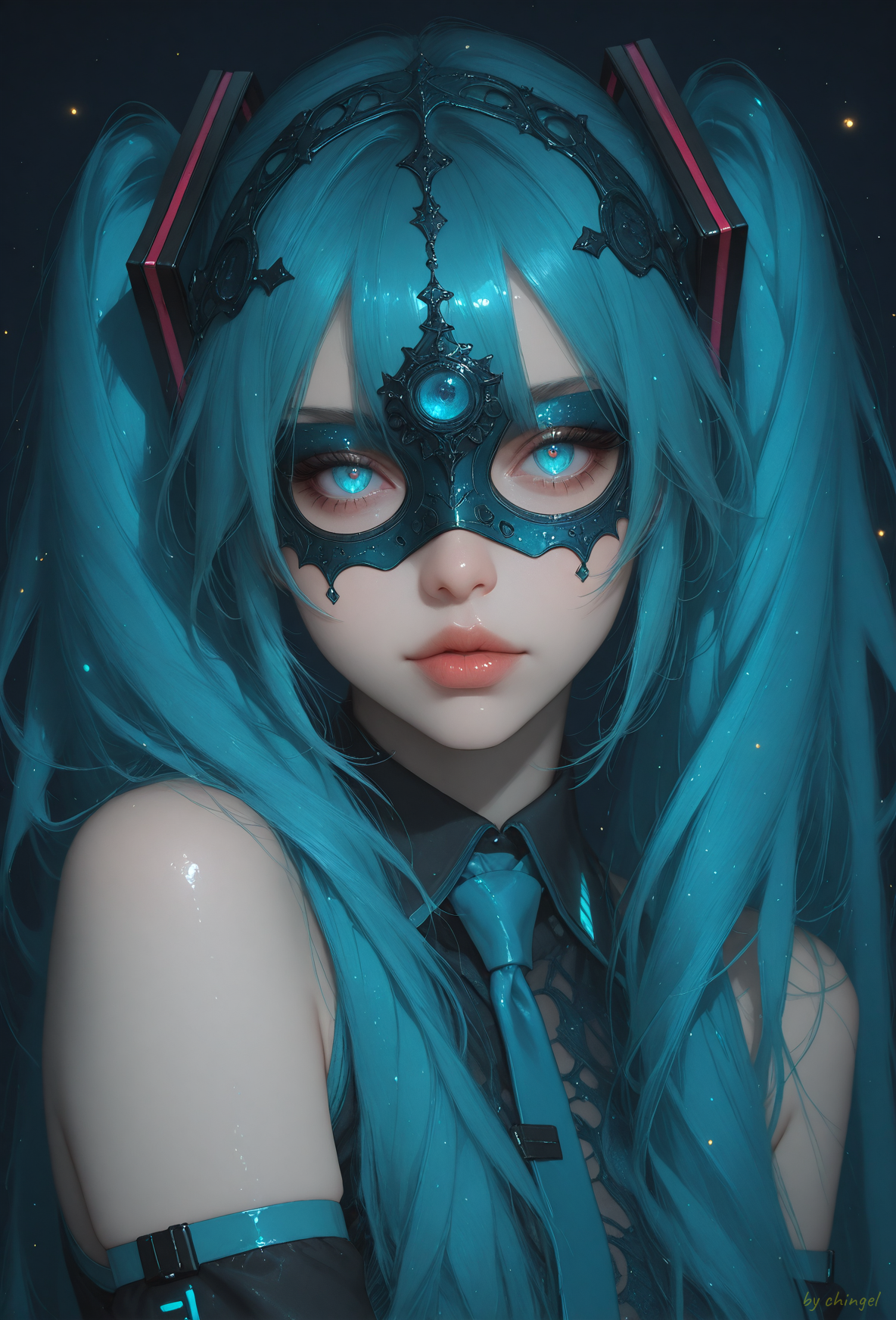 score_9, score_8_up, score_7_up,
best quality,masterpiece,highres,Highly detailed,realistic skin texture, detailed picture,UHD,32k,

rating_explicit,

hatsune miku, vocaloid, 1girl, aqua eyes, blue eyes, very long hair, aqua hair, long hair, twintails, detached sleeves,

This is a highly detailed digital artwork featuring a close-up of a person's face. The subject is a woman with striking, almond-shaped eyes that glow with a warm, golden hue, contrasting sharply with the dark, shadowy background. Her eyes are framed by intricate, metallic mask-like eyepieces that extend down her cheeks, adorned with ornate, swirling patterns and small, glowing stars that mimic the night sky. The mask is a deep, dark blue, almost black, with a texture that suggests it is made of metal or a similar hard material. Her lips are full and slightly parted, with a natural, glossy sheen, and her skin tone is a smooth, pale shade. Her dark, shoulder-length hair is barely visible beneath a hood, also made of a dark, textured fabric that matches the mask. The background is a deep, starry blue, with faint specks of light that add to the mystical, otherworldly ambiance. The overall style of the artwork is highly realistic, with a focus on intricate details and a dramatic, almost surreal lighting effect that emphasizes the subject's intense gaze and ethereal appearance.