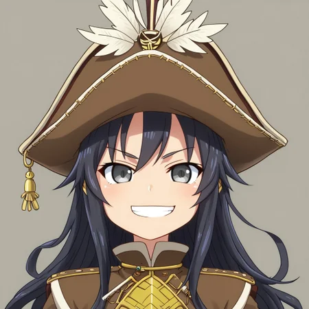 mana_sk style, portrait, focus on face, a daring pirate girl with long, wavy black hair and mischievous gray eyes, wearing a tricorn hat with a feather and a gold earring, a confident grin that reveals her adventurous nature, hints of ocean spray and distant ship masts in the background, Japanese RPG style, bold and seafaring atmosphere, intricate details on her hat and expression