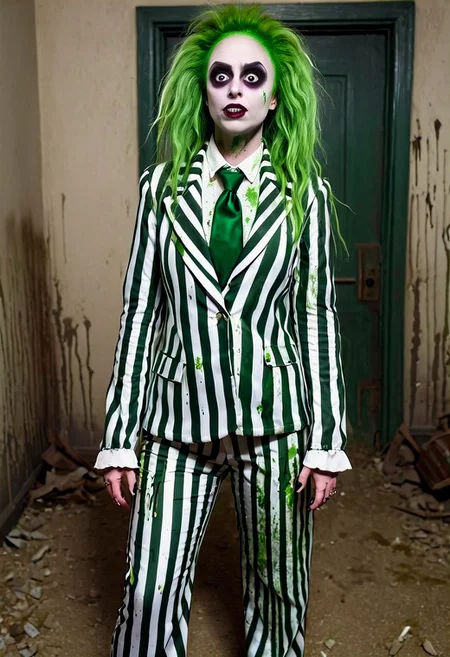 bjzzs, 1girl, female focus, makeup, dirt splotches, underworld vibes, suit, standing, jacket, beard, pinstripe pattern, vertical stripes, long sleeves, necktie, green hair, pants, shirt, striped, formal, prison clothes, poltergeist vibes, beetlejuice beetlejuice beetlejuice, masterpiece, official photography, best poltergeist, best quality