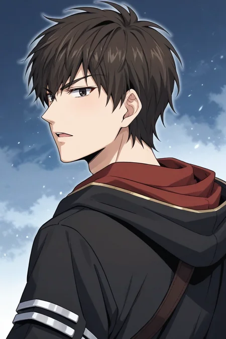 score_9, score_8_up, score_7_up,score_6_up,score_5_up,score_4_up,source_anime,BREAK, rating_safe, intricate details, , anime screencap, anime coloring, official style, depth of field,1boy, solo, male focus,<lora:nie_ting:0.83>,nie ting,dark brown hair,messy black hair,black eyes,short hair,looking at viewer, open mouth,jacket, upper body, male focus, parted lips, looking back, hood, from behind, hoodie , , , <lora:sdxl_lightning_8step_lora_315544:1>