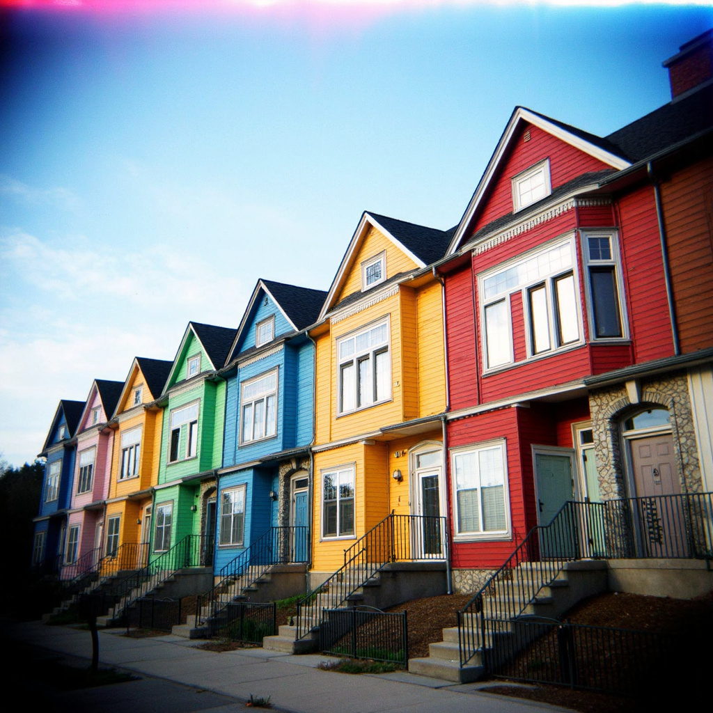 Shot with a Holga camera, a row of colorful houses on a hillside