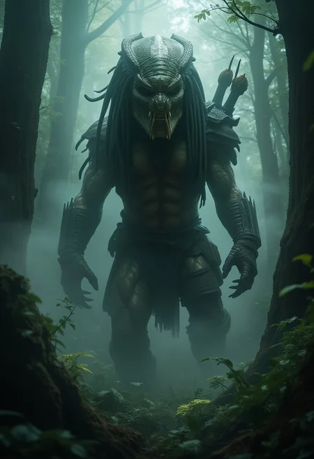 "Predator's Gaze: Shrouded in Mist", full-length in motion, bottom-up view, the fearsome appearance of the iconic hunter from the sophistication of Weta Digital, shrouded in clouds of mysterious smoke in an ancient forest, presented in stunning hyperrealism
Concept art inspired by Gabriele Dell'otto,