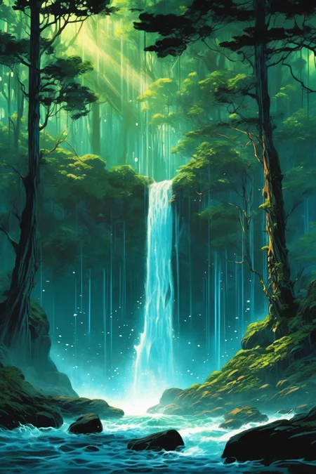 <lora:Noah Bradley Style:1>Noah Bradley Style - Beautiful Anime Forest Scenery, Fantasy Landscape, Volumetric lighting, wallpaper, water, Raking light, Chiaroscuro, Cascading waterfall, rocks, Dreamy, Moody, Studio Ghibli, Ori and the blind forest Emotional