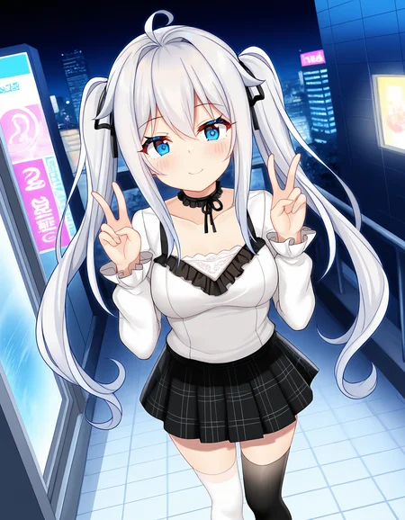 masterpiece, best quality, amazing quality, ultra detail, good anatomy, good hand,
BREAK <lora:hagiwara-michiru Imokone - todoketai koigokoro(MitsuYukiTyakai)-illustrious:0.7> hagiwara-michiru. white hair, long hair, medium breasts, blue eyes, ahoge, twintails, hairbow,
BREAK outfit01, choker, black choker, choker knot, blouse, white blouse, frilled blouse, lace blouse, long sleeves blouse, frilled sleeves, sleeves bow, skirt, black skirt, mini skirt, pleated skirt, plaid skirt, white lined skirt, knee-highs, mismatched knee-highs, white knee-high, black knee-high, collarbone, cleavage cutline,
BREAK dynamic angle, 1girl, solo, standing, hands up, double v, smile, in city,