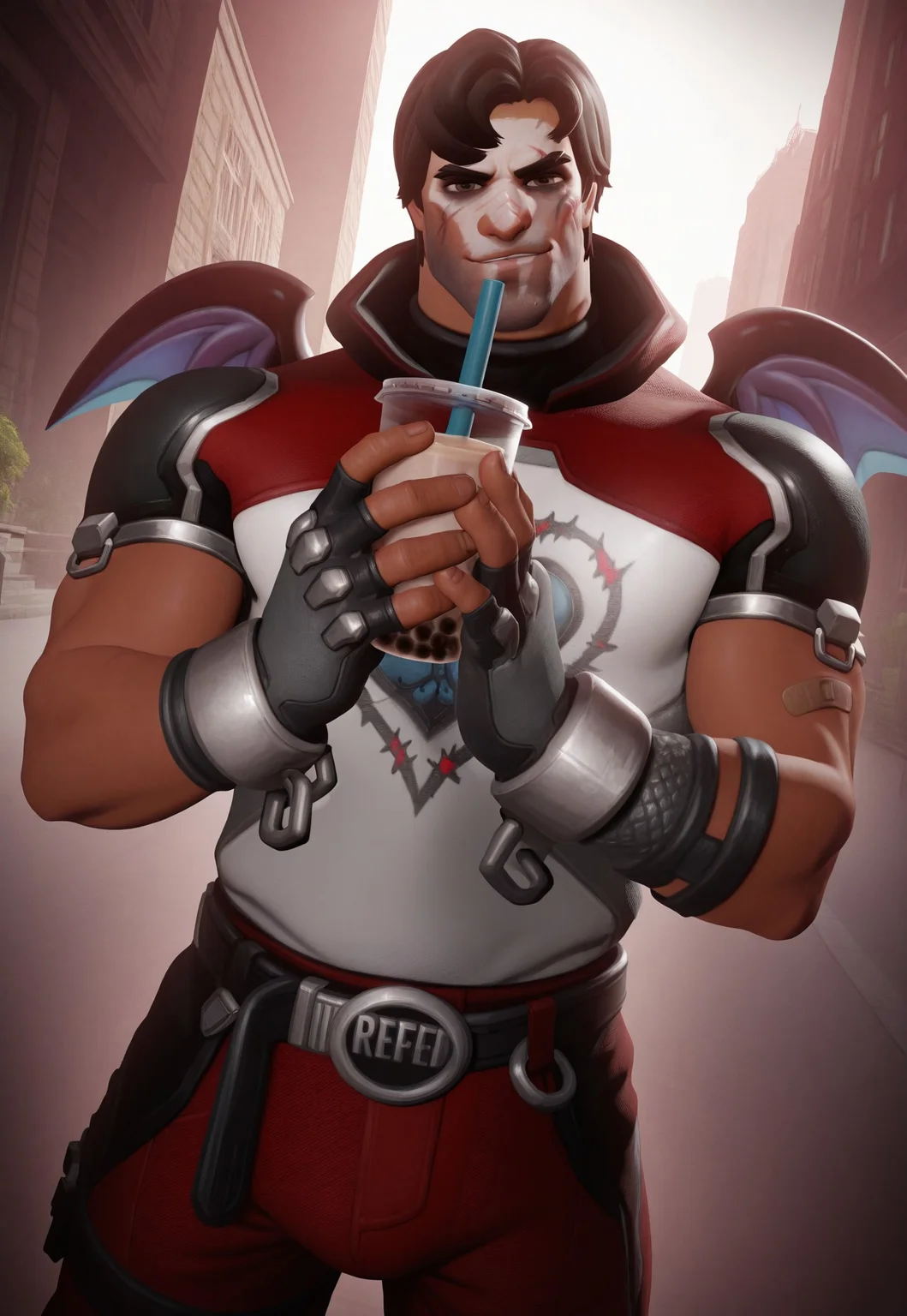 3d, source_realistic, male focus, reaper \(heartbreaker\) \(overwatch\), muscular, thin face, bara, short hair, black hair, brown eyes, scar on face, scar on cheek, facial hair, red jacked, fingerless gloves, bandaid, belt, red pant, city stade, holding bubble tea, smirk, dynamic angles, dynamic pose, angle tilt, dutch angle, very awa, masterpiece, looking at viewer, best quality, absurdres, ultra-detailed face, newest, perfect quality, detailed background, depth of field, intricate details, high contrast, vivid lighting, rendered artistically, impressive, extremely detailed, rim light,