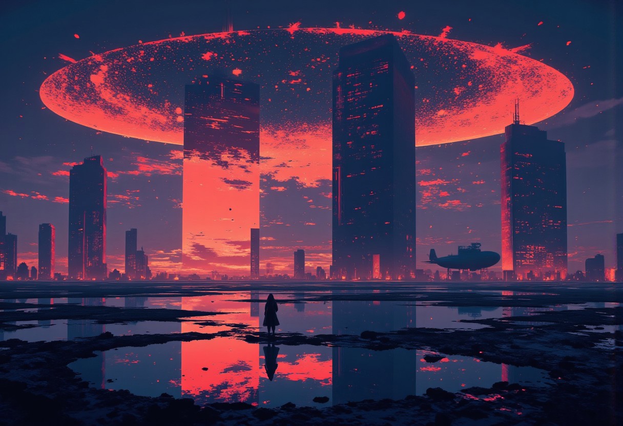 Beyond the fractured city limits, where the monolithic towers collapse into the abyss of time, a lone neon airship looms against a sky riddled with burning cracks of corrupted atmosphere. The horizon is an endless recursion—miles of flickering structures stretching infinitely outward, each layer dissolving into the next, a paradox of depth. A vast metallic lake, black as liquid steel, sprawls beneath, reflecting shifting grids and broken constellations. The air hums with invisible forces, a static charge building as if the world itself is about to reset.