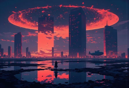 Beyond the fractured city limits, where the monolithic towers collapse into the abyss of time, a lone neon airship looms against a sky riddled with burning cracks of corrupted atmosphere. The horizon is an endless recursion—miles of flickering structures stretching infinitely outward, each layer dissolving into the next, a paradox of depth. A vast metallic lake, black as liquid steel, sprawls beneath, reflecting shifting grids and broken constellations. The air hums with invisible forces, a static charge building as if the world itself is about to reset.