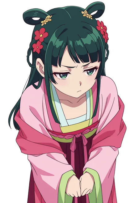 Smooth Quality,masterpiece,very intricate, high quality details, ultra realistic, high detailed skin,detailed enviorement,absurdres,
simple background, white background,solo,
from above,annoyed,
 <lora:Maomao_CNR:0.8> maomao_cnr,green hair, long hair, green eyes, flat chest, 
 maopink2_cnr,braid, sidelocks,chinese clothes, hanfu, long sleeves, wide sleeves, shawl,hair ornament, hair flower, hair rings