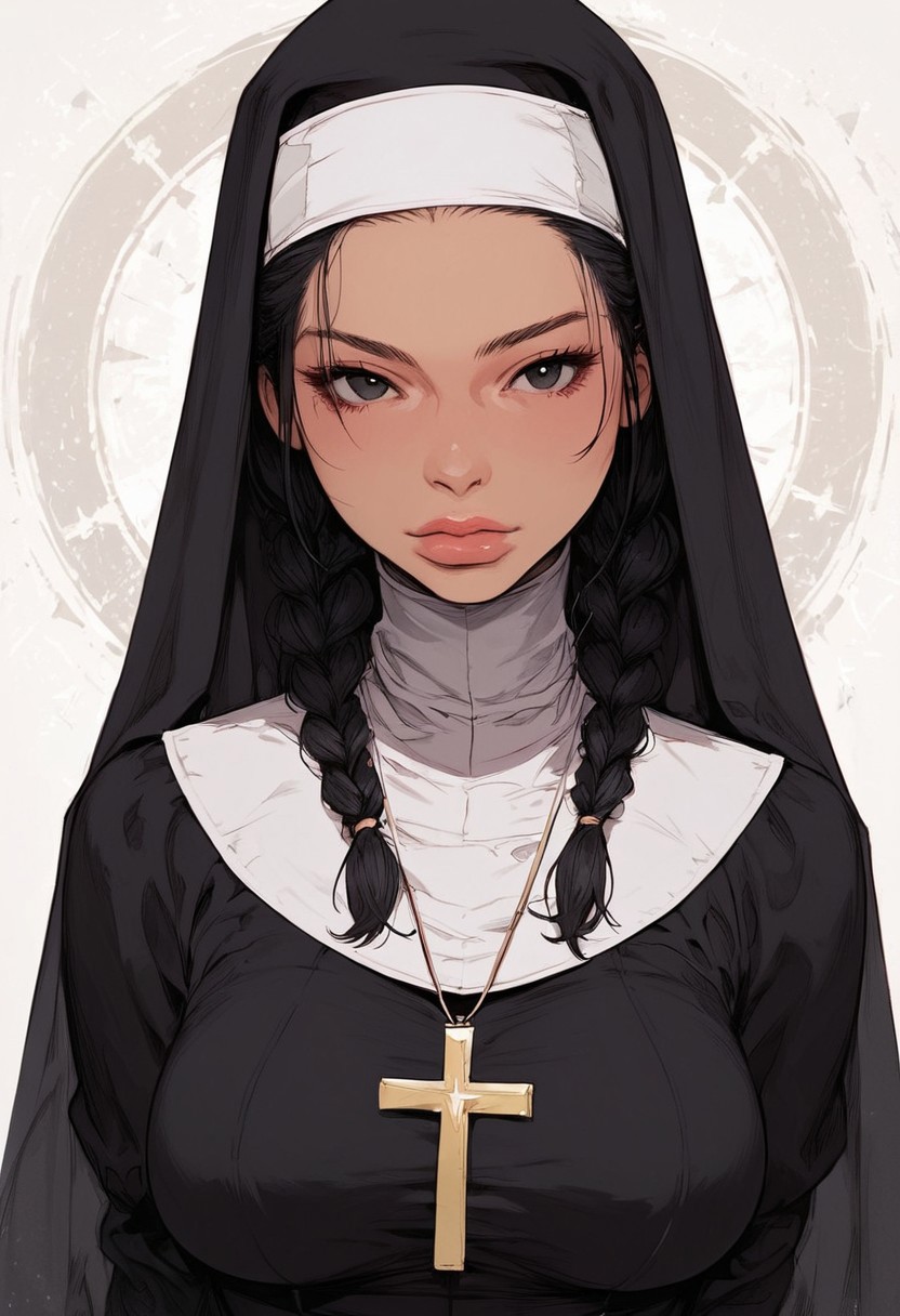 score_9, score_8_up, score_7_up, high detailed, high quality, masterpiece, no text, quality highlights, 8k detail, detailed background, source_anime, dynamic view, hentai, ultra-detailed,
...
1girl, (((solo))), female focus, expressiveh, (young),
(warm skin), (black hair), (black eyes),
(two braids), (medium breasts), (thick thighs), big butt,
(thick butt), (curvy girl), cute girl, thick lips,
(incredibly sexy), sexy pose, pose,
...
((nun costume)),
standing, upper body, front view, closed mouth,
posing, arms at sides,
...
(white background)