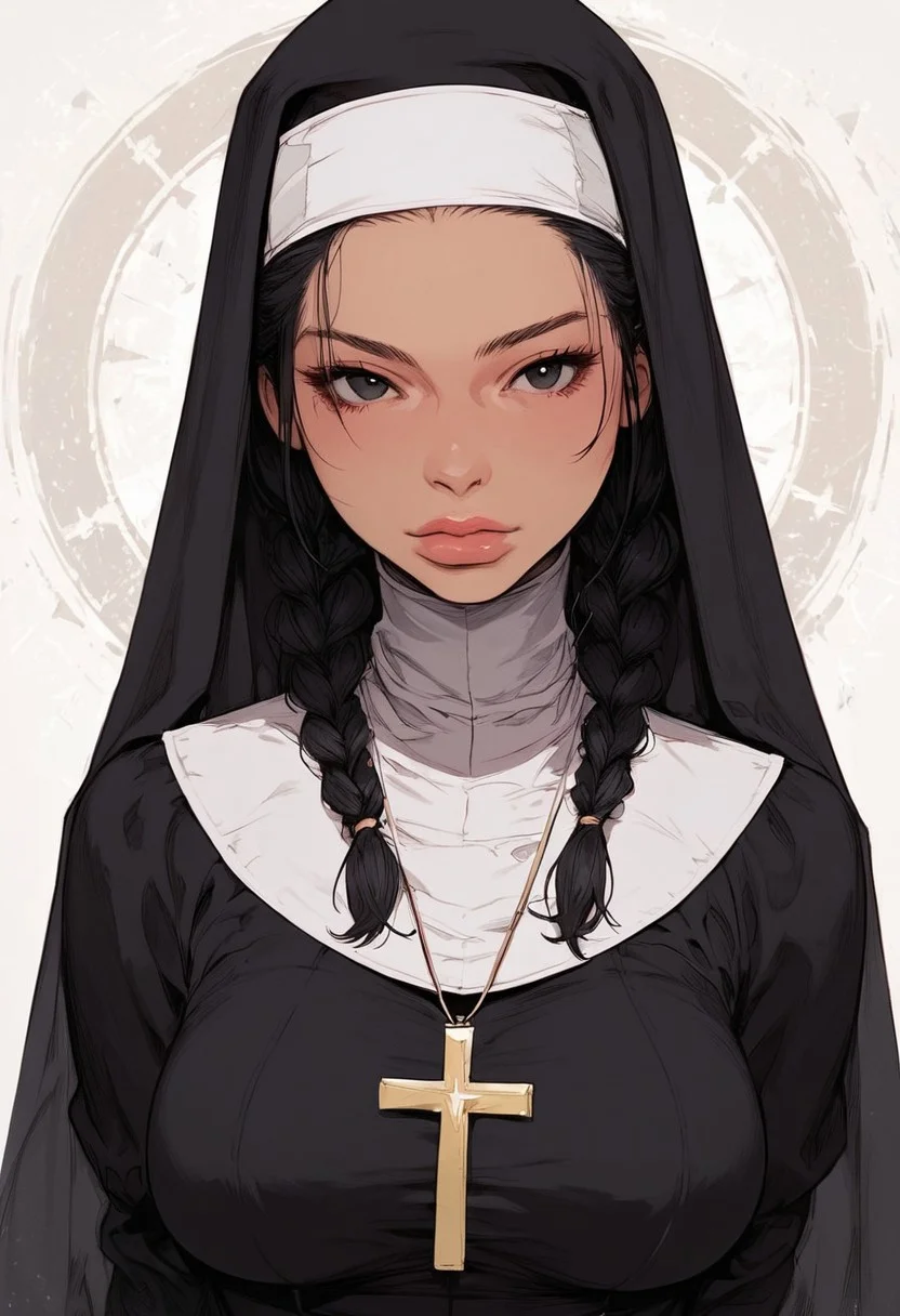 score_9, score_8_up, score_7_up, high detailed, high quality, masterpiece, no text, quality highlights, 8k detail, detailed background, source_anime, dynamic view, hentai, ultra-detailed,
...
1girl, (((solo))), female focus, expressiveh, (young),
(warm skin), (black hair), (black eyes),
(two braids), (medium breasts), (thick thighs), big butt,
(thick butt), (curvy girl), cute girl, thick lips,
(incredibly sexy), sexy pose, pose,
...
((nun costume)),
standing, upper body, front view, closed mouth,
posing, arms at sides,
...
(white background)