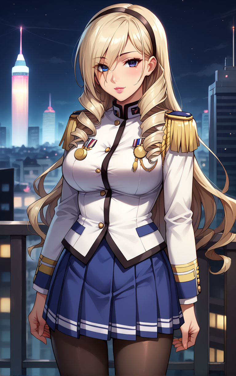 score_9, score_8_up, score_7_up, looking at viewer,  BREAK
MainOutfit_CeliaCumaniAintree_ownwaifu, 
1girl, blonde hair, blue eyes, large breasts, drill hair, long hair, hairband, hair between eyes, lips, eyes visible through hair, bangs, lipstick, pink lips, 
blue skirt, frilled skirt, military uniform, white suit, epaulettes, uniform, aiguillette, school uniform, pleated skirt, skirt, black pantyhose, medal, military, long sleeves, pauldrons, 
(standing, arm_support), railing, cityscape, night, city, city lights, scenery, starry sky, outdoors, <lora:PONYXL_CeliaCumaniAintree_ownwaifu:0.8> , depth of field, solo,