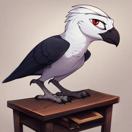 masterpiece, score_9_up, score_8_up, score_7_up, score_6_up, (best quality:1.1), ultra-detailed, high resolution, Ferdinand Dawnclaw, albino, avian, feral, male, stern expression, focused red eyes, white hair, feathery ears, black beak, closed mouth, white feathers, wings folded, half body, sitting behind a wooden desk, war maps spread out, candlelight, old books and documents, military insignia on the desk, plotting strategy, intense atmosphere, sharp focus, detailed interior