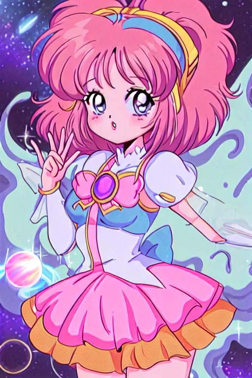 1girl, 80's anime style, <lora:TFM_FTA:0.7>, as a magical girl in the stars, waves, water, planets and galaxies
