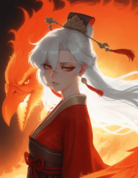 by z-ton, (by krekkov, by QUASARCAKE:0.725), (by mossacannibalis, by xilmo:0.65), <lora:MIX-GEM-XLvpred06-extract-dim32:1>,
1girl, animal, bangs, bird, chinese clothes, earrings, fire, floating hair, from side, hair between eyes, hair ornament, hanfu, jewelry, lips, long hair, looking at viewer, looking to the side, orange eyes, parted lips, phoenix, red eyes, solo, tassel, tassel earrings, upper body, white hair,
masterpiece, best quality, very awa, absurdres, highres, tenebrism, chiaroscuro