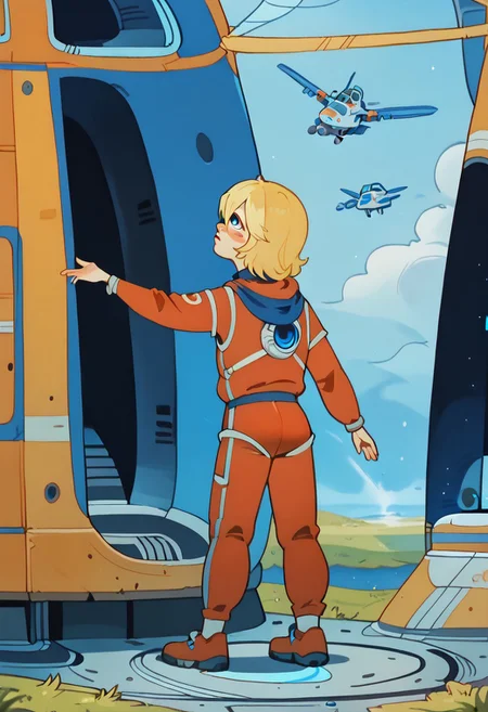 score_9, score_8_up, score_7_up
outdoors, grass plain, tall grass
alisattp, 1girl, solo, blonde hair, blue eyes, blush stickers, hair between eyes, bangs, red bodysuit, <lora:alisattp_pdxl-000009:1>
view from rear, looking up, space ship in the air