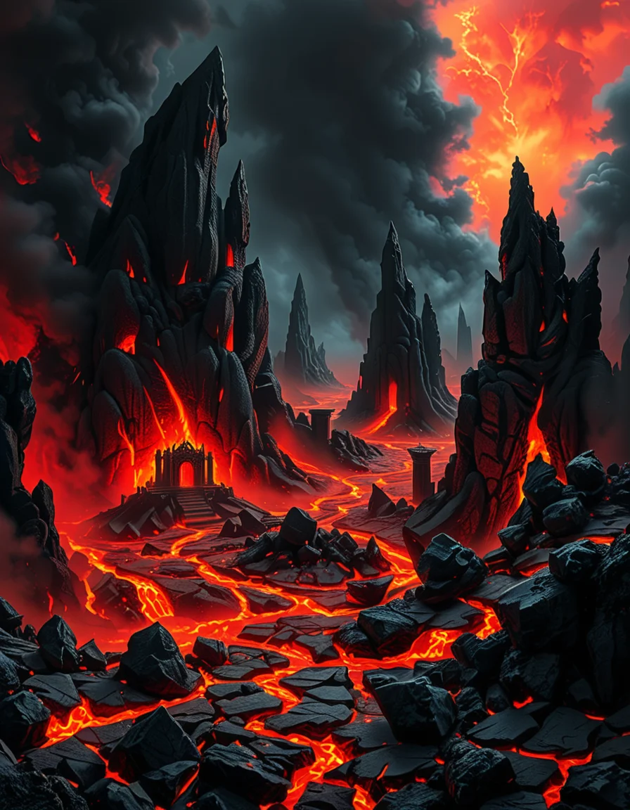 A terrifying and surreal depiction of the depths of Hell. The landscape is vast and nightmarish, filled with jagged obsidian cliffs, rivers of molten lava, and towering spires of blackened rock. The sky is a swirling vortex of crimson and black, illuminated by eerie, flickering flames. Chains dangle from massive, decaying arches, and tormented souls writhe in agony, their ghostly figures stretching toward the burning sky. Demonic creatures with twisted horns and glowing eyes lurk in the shadows, watching hungrily. The ground is cracked and scorched, exhaling thick plumes of sulfuric smoke. In the distance, a colossal, menacing throne made of skulls and bones looms over the infernal landscape, occupied by a shadowy, horned figure. The atmosphere is thick with despair, enhanced by a dramatic, chiaroscuro lighting effect that contrasts the deep shadows with the hellish glow of the flames. Hyper-realistic, highly detailed, dark fantasy style.
<lora:SDXLFaeTastic2400:0.4> <lora:extremely_detailed:0.4> extremely detailed,<lora:depths_of_h3ll:1>,depths of h3ll, Masterpiece,best quality,hi res,8k,hi res,8k,award winning,(sharp focus, intricate, highly detailed),