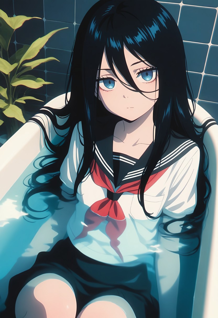 masterpiece, best quality, amazing quality, LDSCH, aesthetic, 1girl, solo, long_hair, bathtub, neckerchief, shirt, looking_at_viewer, tile_wall, sailor_collar, blue_eyes, very_long_hair, white_shirt, partially_submerged, school_uniform, serafuku, black_sailor_collar, water, bangs, hair_between_eyes, plant, sitting, black_skirt, closed_mouth, head_tilt, tiles, indoors, skirt, red_neckerchief, expressionless