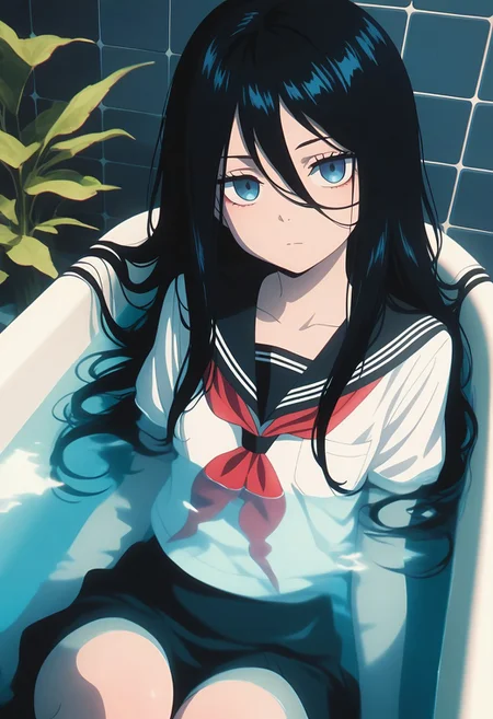 masterpiece, best quality, amazing quality, LDSCH, aesthetic, 1girl, solo, long_hair, bathtub, neckerchief, shirt, looking_at_viewer, tile_wall, sailor_collar, blue_eyes, very_long_hair, white_shirt, partially_submerged, school_uniform, serafuku, black_sailor_collar, water, bangs, hair_between_eyes, plant, sitting, black_skirt, closed_mouth, head_tilt, tiles, indoors, skirt, red_neckerchief, expressionless