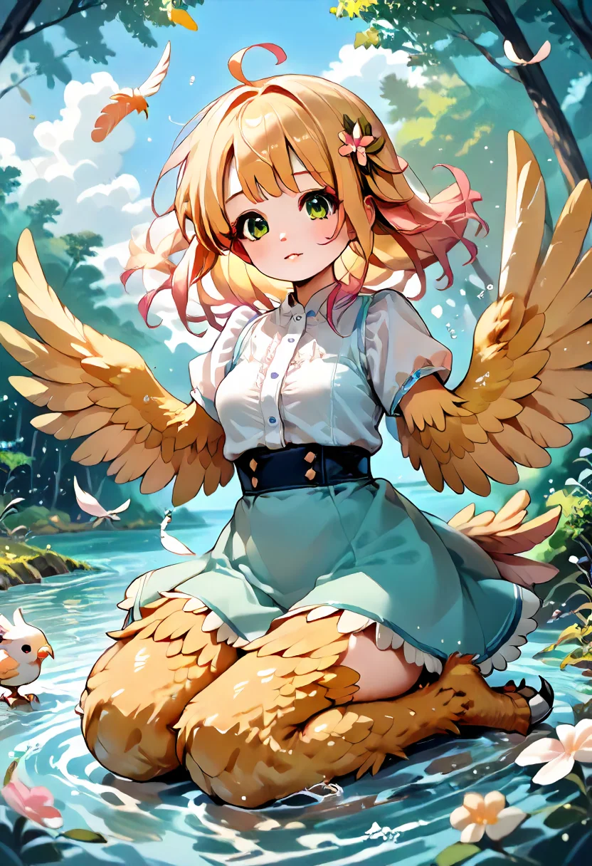score_9,score_8_up,score_7_up,score_6_up, source_anime,2D, spring,sakura trees,sitting,winged arms,harpy,river,forest,sky,cloud,green eyes,golden hair,pastel feathers,water splash,wind,<lora:Expressive_H:0.6> <lora:SkindentationSlider:2> <lora:winged_arms_style:0.9>