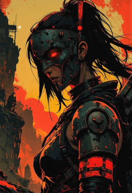 in the style of ck-mgs, nistyle, Inkplash art on rice paper, sepia, henna, Silhouette Art, magnificent, inksplash, closeup portrait, female spartan warrior, flowing black hair, reflective black and neon red armor, armor, holding a spear, abstract background suggesting a mountain top, overlooking a village in a valley, midnight atmosphere, moonlight, moon rays, night, Cowboy Shot, close up,
