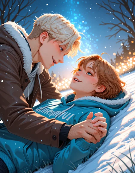 (depth of field, bokeh, highly detailed, absurdres, high_quality, newest, incredibly_absurdres, very_aesthetic, traditional_media, photoshop_\(medium\), procreate_\(medium\))
(KKL-Illu, wind_lift, action_pose, blush, smile, short_hair, open_mouth, blue_eyes, blonde_hair, brown_hair, photoshop_(medium), shirt, green_eyes, closed_mouth, jacket, upper_body, male_focus, white_hair, lying, multiple_boys, parted_lips, outdoors, teeth, 2boys, hood, on_back, looking_at_another, fur_trim, hoodie, night, holding_hands, couple, grass, interlocked_fingers, snow, eye_contact, yaoi, freckles, snowing, drawstring, animification, hand_grab)