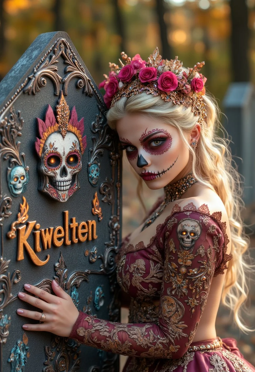 Blonde beauty Santa Muerte posing next to "KiWelten" tombstone