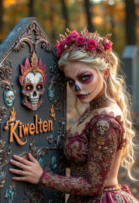Blonde beauty Santa Muerte posing next to "KiWelten" tombstone
