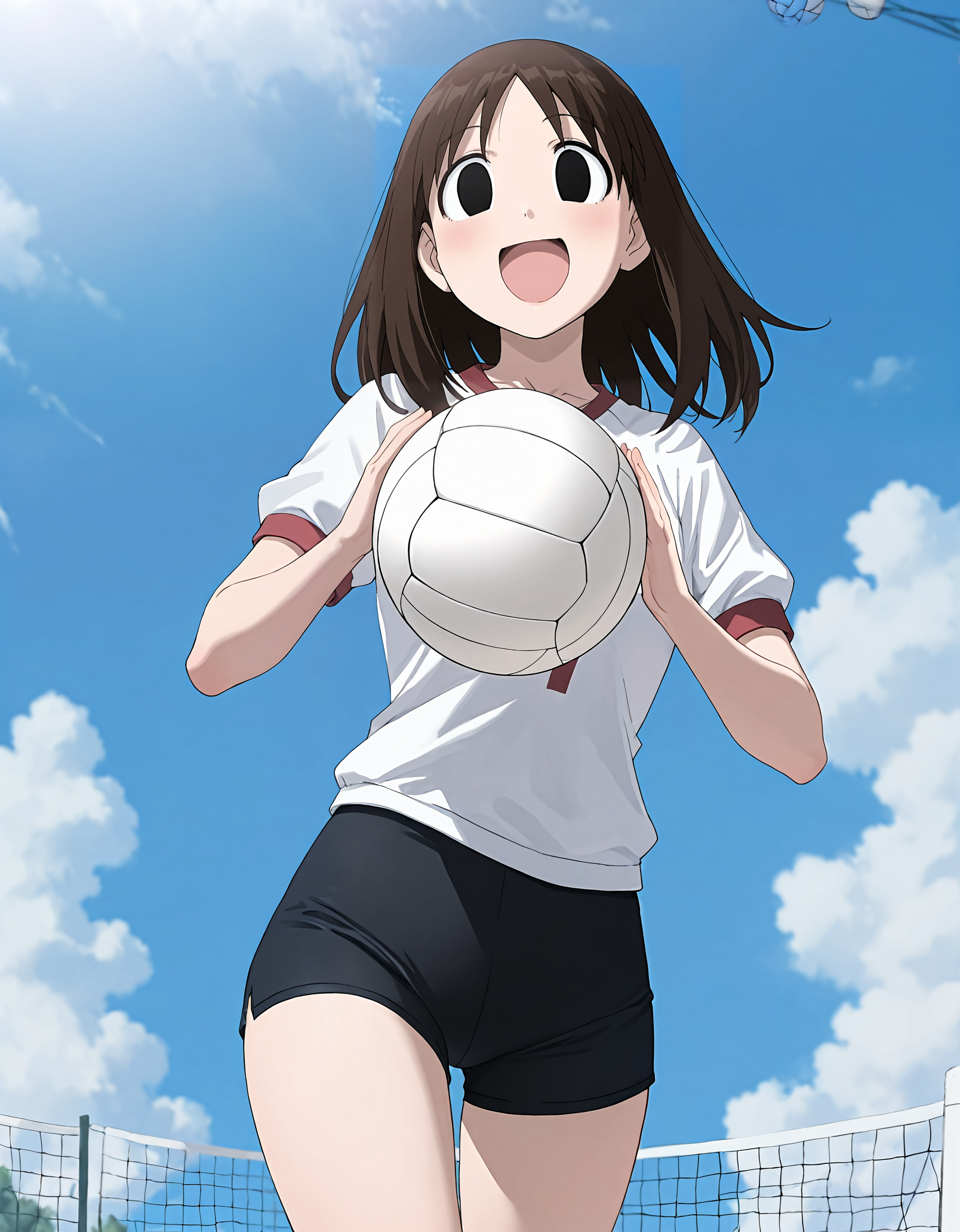 masterpiece, best quality, good quality, newest, highres, absurdres, <lora:Azumanga_style-000013:1>,azumanga_illu, 1girl, solo, volleyball, sky, day, black eyes, cloud, brown hair, open mouth, smile, :d,depth of field,