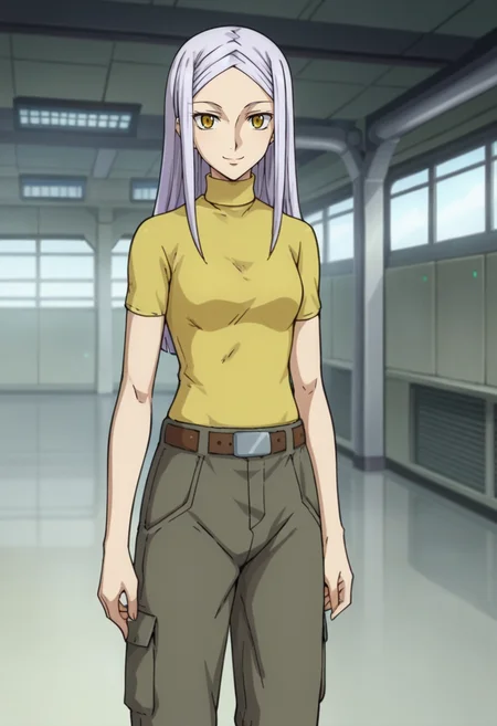 score_9,score_8_up,score_7_up,score_6_up,score_5_up,score_4_up,anime coloring BREAK source_anime,anime,<lora:Soma_Peries_Gundam_00_Pony:0.8>,somas2,1girl,solo,yellow eyes,white hair,long hair,braided bangs,yellow turtleneck,short sleeves,belt,cargo pants,boots,smile,standing,factory,dock,looking_at_viewer,
