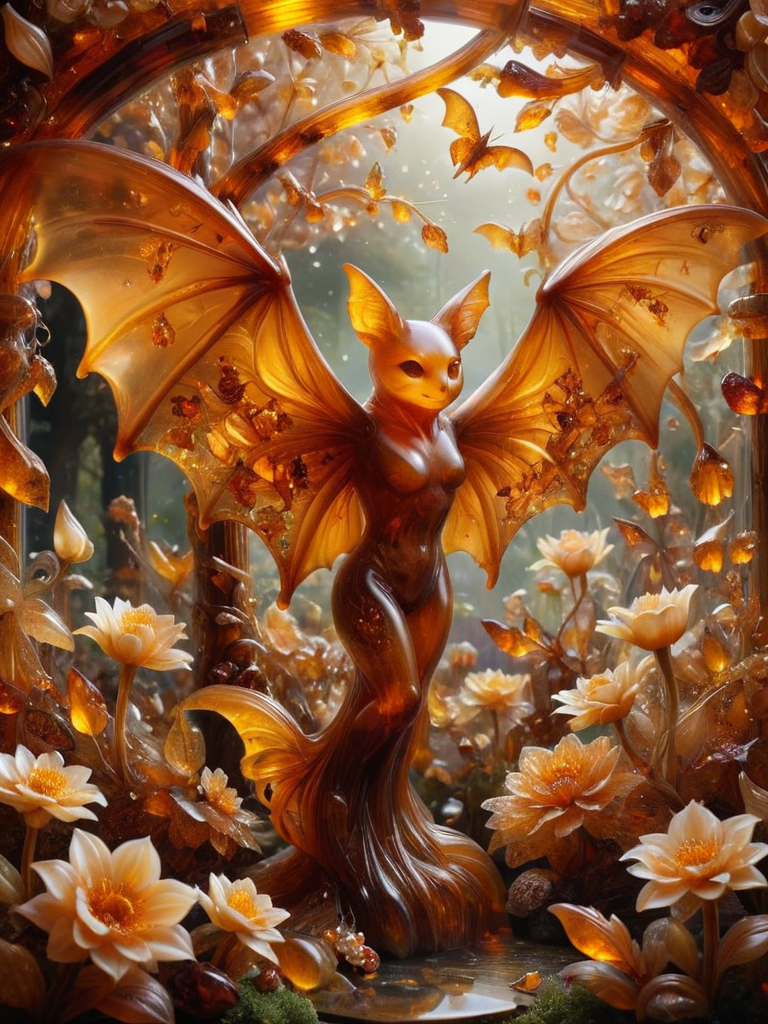 fey, bat, In a secret enclave, a garden of enchantment beckons, its delicate blooms radiating a sense of magic, Causing objects to appear transparent made of ral-amber, intricate details, abstract, whimsical,  <lora:RMSDXL_Creative:0.8>  <lora:ral-amber-sdxl:1>